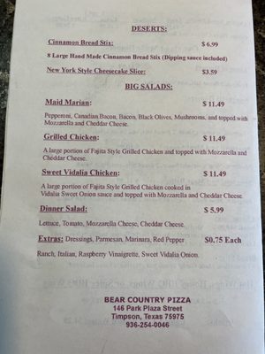 Menu photo 4 Bear Country Pizza Timpson, TX