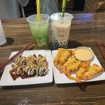 Cafe Uyen - Aloe Vera drink (amazing, but super sweet!), brown sugar boba. Takoyaki (nope!), and tempura shrimp (super nope!!) - Juice Bars & Smoothies Near Me - Yukon, Oklahoma
