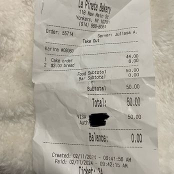 La Pinata Bakery - Receipt - Bakeries Near Me - Yonkers, New York