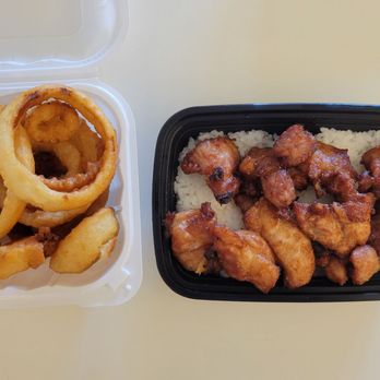 Da Spot - Onion rings ($5.50) and mini mochiko chicken ($7.75) - Mediterranean Near Me - Kapolei, Hawaii