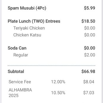 Aloha Food Factory - Don't forget 12% tip included and Alhambra 2025 charge on top of tax - Hawaiian Near Me - Alhambra, California