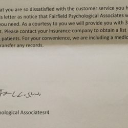 Fairfield Psychological Associates - Letter received after review