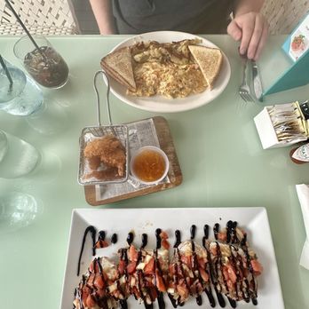 Bungalow Restaurant and Beach - Bruschetta, coconut shrimp, and an omelet with home fried and toast. - Mediterranean Near Me - Atlantic City, New Jersey Bungalow Restaurant and Beach - Bruschetta, coconut shrimp, and an omelet with home fried and toast. - Mediterranean Near Me - Atlantic City, New Jersey