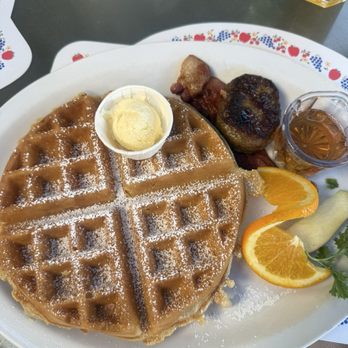 Paula's Pancake House - Waffles with sauce & bacon orange juice - Breakfast & Brunch Near Me - Solvang, California
