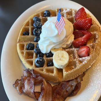 Eggs Up Grill - Red, white and blue waffle with bacon - Breakfast & Brunch Near Me - Gastonia, North Carolina Eggs Up Grill - Red, white and blue waffle with bacon - Breakfast & Brunch Near Me - Gastonia, North Carolina