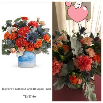 Flowers By Rachelle - pic on left from website, pic on right actual arrangement - Florists Near Me - Chico, California Flowers By Rachelle - pic on left from website, pic on right actual arrangement - Florists Near Me - Chico, California