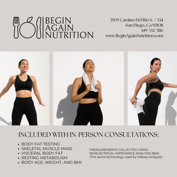 Begin Again Nutrition - Body fat testing, skeletal muscle mass, BMI, resting metabolism, visceral fat & more using BIA technology. BIA also used by InBody Analysis. - Nutritionists Near Me - San Diego, California Begin Again Nutrition - Body fat testing, skeletal muscle mass, BMI, resting metabolism, visceral fat & more using BIA technology. BIA also used by InBody Analysis. - Nutritionists Near Me - San Diego, California