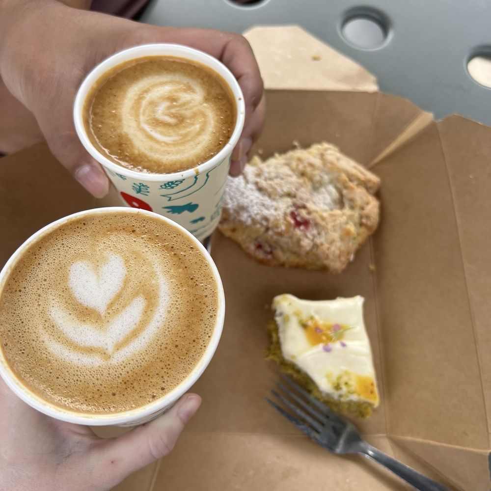 Revolution Roasters - Two oat milk cappuccinos and passionate fruit pistachio cake (GF) and strawberry white chocolate scone - Coffee Roasteries Near Me - Carlsbad, California Revolution Roasters - Two oat milk cappuccinos and passionate fruit pistachio cake (GF) and strawberry white chocolate scone - Coffee Roasteries Near Me - Carlsbad, California