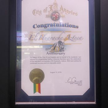 El Huarache Azteca - One of many awards on their wall! - Mexican Near Me - Los Angeles, California