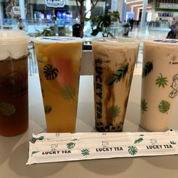 Jasmine Tea with salted cheese crema, Fruity Oolong Tea, Brown Sugar Milk Tea with honey pearls and Oolong Milk Tea. Jasmine Tea with salted cheese crema, Fruity Oolong Tea, Brown Sugar Milk Tea with honey pearls and Oolong Milk Tea.