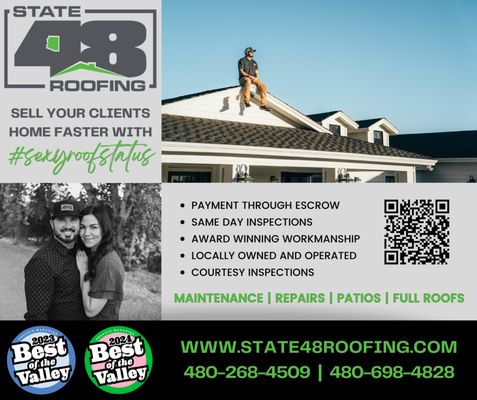 Bringing SexyRoof Status Back to Arizona, One Roof at a Time - Not every roof “problem” is an emergency—or even a problem at all. That’s why finding a roofer with a proven track record of integrity is priceless.
At State 48 Roofing, our promise is 100% transparency about your roof’s condition and any solutions you may need—no upsells, no surprises.
We know it can be intimidating not knowing if you’re getting the full story. That’s why so many Arizona homeowners trust us — check out what we’ve done for customers who were nervous just like you before they called us!
Meet Jason Payne — Arizona’s #1 Referred Roofer
Born and raised right here in Arizona, Jason’s dedication to this community runs deep. Starting in the roofing industry at a young age, he worked his way up from admin tasks to owning his own company—because he loves helping people and taking care of their roofs.
With over 10 years of hands-on experience, Jason guarantees every job is done with the highest quality and care. His mission? To give every customer that coveted #SexyRoofStatus.
When he’s not on the roof or in the office, Jason’s at home with his wife and five kids—often found at softball games, camping, or out on the sand dunes.
He’s also a passionate cook who loves feeding big groups—giving back by cooking at local events for teachers, youth groups, and more.
Looking for honest, reliable roofing experts?
Request a FREE quote today and experience the difference of integrity-driven roofing!
📞 Call/Text: (480) 268-4509 | (480) 698-4828
📧 info@state48roofing.com Bringing SexyRoof Status Back to Arizona, One Roof at a Time - Not every roof “problem” is an emergency—or even a problem at all. That’s why finding a roofer with a proven track record of integrity is priceless.
At State 48 Roofing, our promise is 100% transparency about your roof’s condition and any solutions you may need—no upsells, no surprises.
We know it can be intimidating not knowing if you’re getting the full story. That’s why so many Arizona homeowners trust us — check out what we’ve done for customers who were nervous just like you before they called us!
Meet Jason Payne — Arizona’s #1 Referred Roofer
Born and raised right here in Arizona, Jason’s dedication to this community runs deep. Starting in the roofing industry at a young age, he worked his way up from admin tasks to owning his own company—because he loves helping people and taking care of their roofs.
With over 10 years of hands-on experience, Jason guarantees every job is done with the highest quality and care. His mission? To give every customer that coveted #SexyRoofStatus.
When he’s not on the roof or in the office, Jason’s at home with his wife and five kids—often found at softball games, camping, or out on the sand dunes.
He’s also a passionate cook who loves feeding big groups—giving back by cooking at local events for teachers, youth groups, and more.
Looking for honest, reliable roofing experts?
Request a FREE quote today and experience the difference of integrity-driven roofing!
📞 Call/Text: (480) 268-4509 | (480) 698-4828
📧 info@state48roofing.com