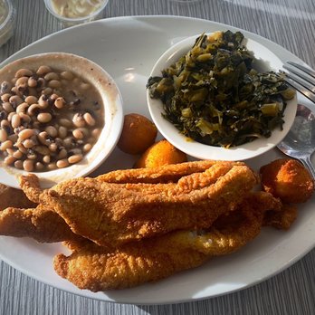 Soul Fish Cafe - Catfish Plate with black eyed peas, collard greens and hushpuppies - Southern Near Me - Memphis, Tennessee Soul Fish Cafe - Catfish Plate with black eyed peas, collard greens and hushpuppies - Southern Near Me - Memphis, Tennessee