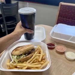 Cheeseburger, fries, fry sauce, & drink.