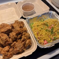 Richie's Huli BBQ - Garlic fried chicken n the special of the day Dry Min with Dashi dipping sauce.