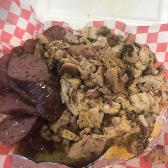 Winners BBQ - Baked potato with sausage and chicken - Barbeque Near Me - Plano, Texas Winners BBQ - Baked potato with sausage and chicken - Barbeque Near Me - Plano, Texas