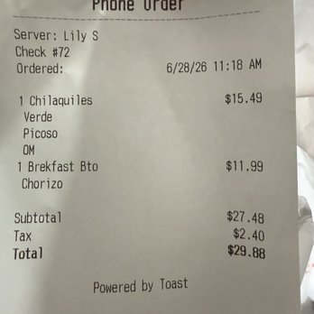 El DFectuoso - Receipt of my order. Chilaquiles Verdes with OM (Over Medium) eggs. - Mexican Near Me - Moreno Valley, California El DFectuoso - Receipt of my order. Chilaquiles Verdes with OM (Over Medium) eggs. - Mexican Near Me - Moreno Valley, California