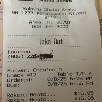 Rokaru Shabu Shabu - Proof of the bento order .... Garlic chicken was a Dollar more than the regular fried chicken . - Japanese Near Me - Aiea, Hawaii