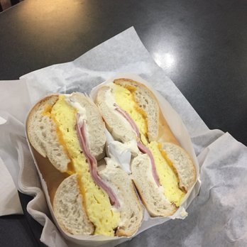 Brooklyn Bridge Bagel Works - Breakfast bagel with ham, egg, cheddar and cream cheese. Was hot and delicious! - Bagels Near Me - Chico, California Brooklyn Bridge Bagel Works - Breakfast bagel with ham, egg, cheddar and cream cheese. Was hot and delicious! - Bagels Near Me - Chico, California