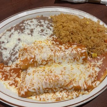 Amigo's Restaurant - Two chicken enchiladas with rice and beans. - Mexican Near Me - Pasadena, California