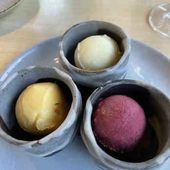 Sushi Ran - Trio of fruit sorbets (passionfruit-pineapple-blood orange) - Sushi Bars Near Me - Sausalito, California Sushi Ran - Trio of fruit sorbets (passionfruit-pineapple-blood orange) - Sushi Bars Near Me - Sausalito, California