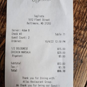 Tagliata - 10-4-22 Receipt - Italian Near Me - Baltimore, Maryland
