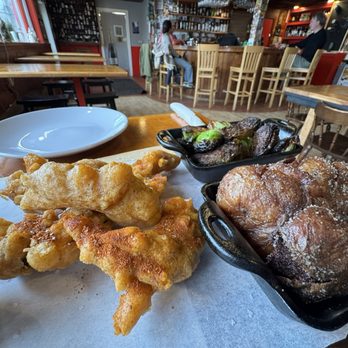 Peter Trout's Tavern and Inn - 3 sides, battered squash, Brussels in the back and squash potatoes. - Gastropubs Near Me - Manset, Maine