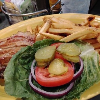 Joey's Seafood & Grill - Hamburger steak and lettuce tomato purple Onion pickle bacon blue cheese cook medium rare perfectly cooked the way I asked for it - Seafood Near Me - Houghton, Michigan