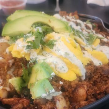 Moe Joe's Breakfast Eatery - Mexican chorizo bowl. Added chili Verde and bacon. It is so good! The staff here is awesome as well. - Breakfast & Brunch Near Me - Meridian, Idaho