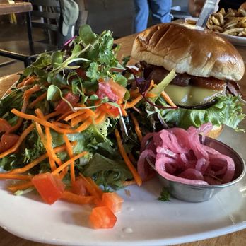 Side A Brewing - House Burger (note: we asked for the pickled onions on the side; normally it is on top of the salad) - Breweries Near Me - La Grande, Oregon Side A Brewing - House Burger (note: we asked for the pickled onions on the side; normally it is on top of the salad) - Breweries Near Me - La Grande, Oregon