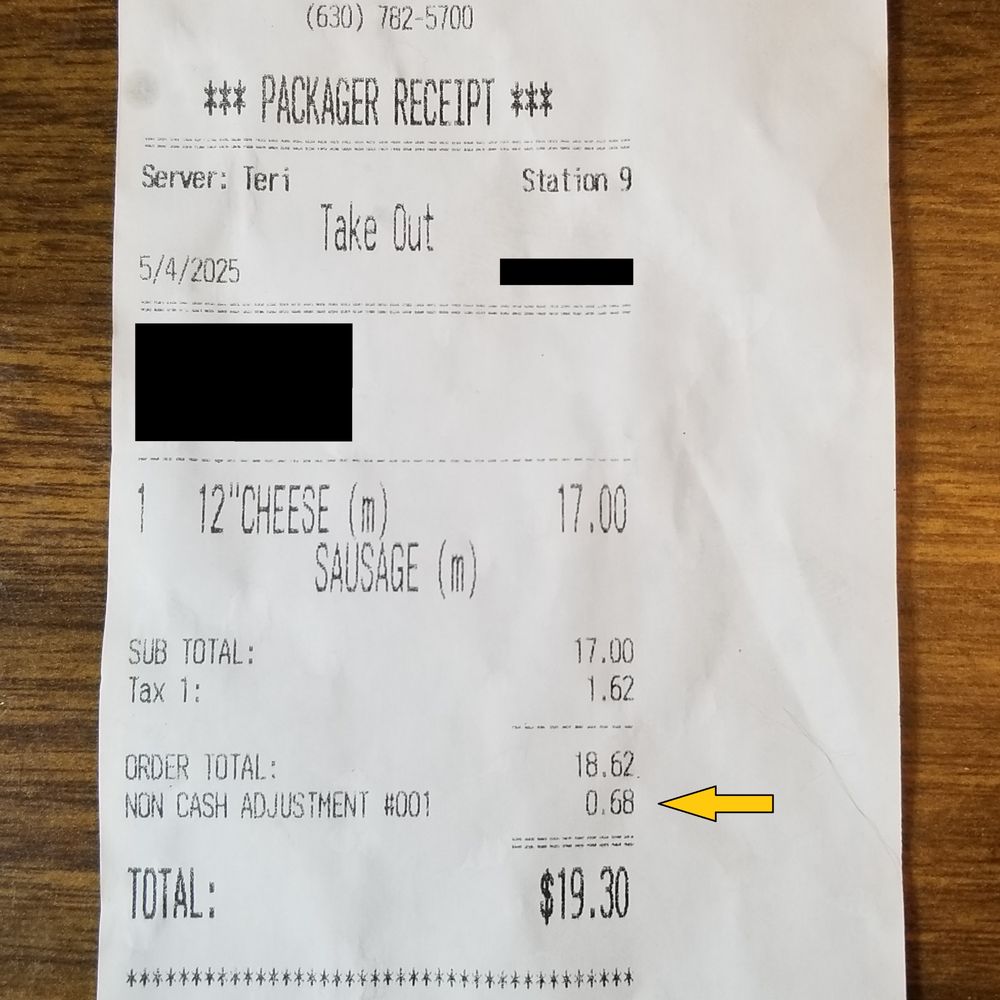 Receipt showing nondisclosed credit card surcharge. Receipt showing nondisclosed credit card surcharge.