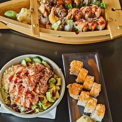 Bambu Restaurant - Salmon poke, dynamite roll, spider roll & dragon roll