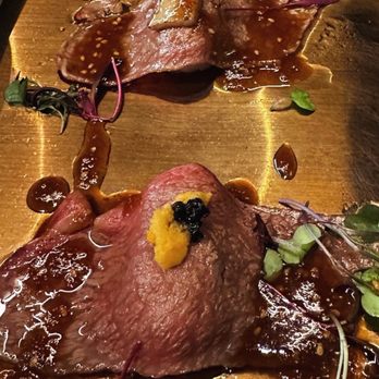 Chubby Cattle - Wagyu Nigiri, one with uni and caviar and the other with foie gras - Barbeque Near Me - Canoga Park, California
