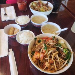 GK Mongolian BBQ - Mongolian bowl w/ turkey- sprouts,noodles, tomatoes,mushrooms, bok choy, tofu, tomatoes, and garlic.