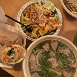 Oh Mai Sandwich Kitchen Holladay - Rainbow Salad, P8. Ribeye and Beef Meatball Pho Soup, and a banh mi