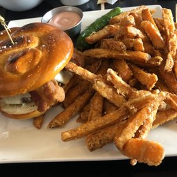 Pretzel Burger Sweet Potato with Cranberry Mayo Fries