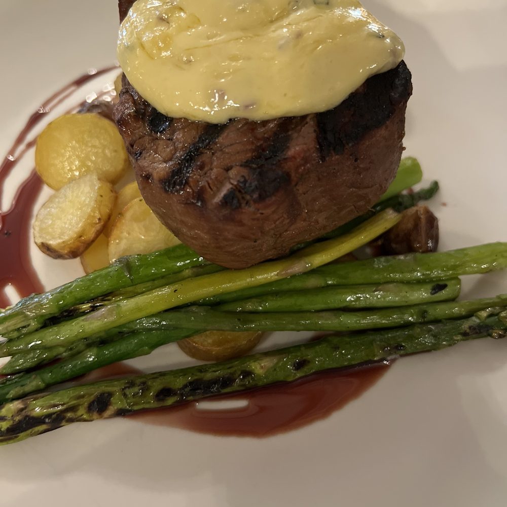 Belton Chalet - Steak with fingerling potatoes and asparagus - Hotels Near Me - West Glacier, Montana
