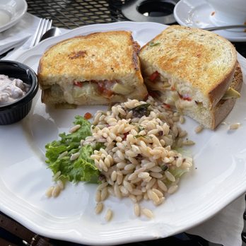 Red House Cafe - Grilled cheese with artichokes and red peppers and a side of orzo pasta salad - Breakfast & Brunch Near Me - Pacific Grove, California Red House Cafe - Grilled cheese with artichokes and red peppers and a side of orzo pasta salad - Breakfast & Brunch Near Me - Pacific Grove, California