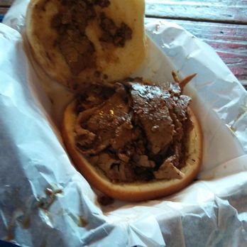 Queen's Bar-B-Que - French dip on bun - Barbeque Near Me - Galveston, Texas Queen's Bar-B-Que - French dip on bun - Barbeque Near Me - Galveston, Texas