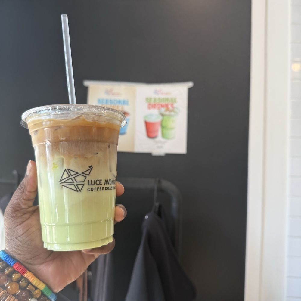 Luce Ave Coffee Roasters - iced pistachio latte with almond milk - Coffee & Tea Near Me - Houston, Texas