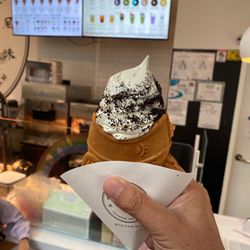 Cookies and cream ice cream. Love it! The texture of the Oreos is great. And the waffle fish makes it all come together