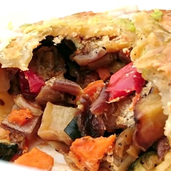 Aussie Pie Guy - Inside of veggie pie (organic roasted yam, potato, eggplant, zucchini, red pepper and onion; goat cheese and sundried tomato) ($8) - Food Trucks Near Me - Vancouver, British Columbia Aussie Pie Guy - Inside of veggie pie (organic roasted yam, potato, eggplant, zucchini, red pepper and onion; goat cheese and sundried tomato) ($8) - Food Trucks Near Me - Vancouver, British Columbia