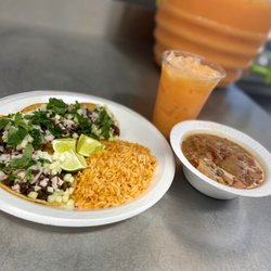 La  Aguacatona Food Truck - Steak tacos, rice, frijoles charros and agua Fresca.