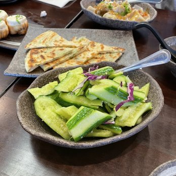Dumpling Hours  - Cucumber Salad with Crushed Garlic and Green Onion Pancakes - Dim Sum Near Me - Brentwood, California