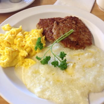 The Serving Spoon - Grits, scrambled eggs, and spicy chicken sausage - Breakfast & Brunch Near Me - Inglewood, California