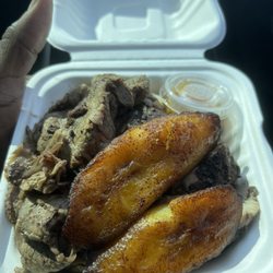 The Hummingbird Jamaican Grill - Plantains | Peas and Rice | Jerk Roast Beef and Chicken ( Grilled ) | Mango Sauce on the top right