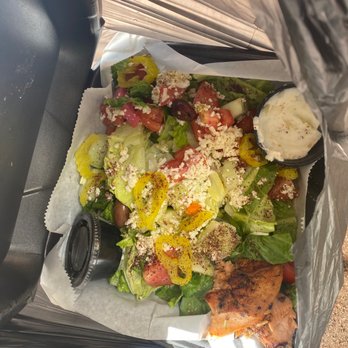 Mediterranean Fresh Grill - House salad with my left over salmon - Lebanese Near Me - Winter Haven, Florida Mediterranean Fresh Grill - House salad with my left over salmon - Lebanese Near Me - Winter Haven, Florida