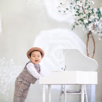 White Photo Studio - Happy to be here! Formal wear with piano - Event Photography Near Me - Fullerton, California
