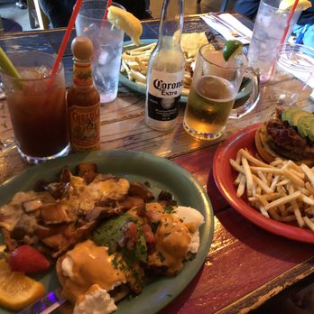 Violet Rooster  - Chorizo eggs Benedict with loaded potatoes. Burgers & fries - Breakfast & Brunch Near Me - Chino Hills, California