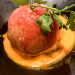 La Barra de César Anca - Tomato stuffed with Ventresca mousse atop a creamy cold tomato soup. Stellar.