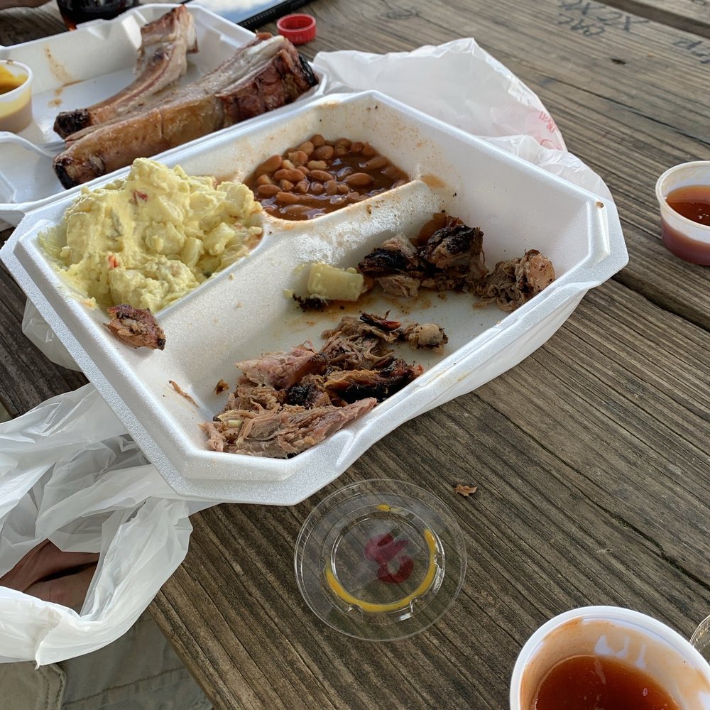 Pork and brisket. Beans and potato salad